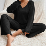 Women’s Ribbed Knit V-Neck Long Sleeve 2 Piece Lounge Set