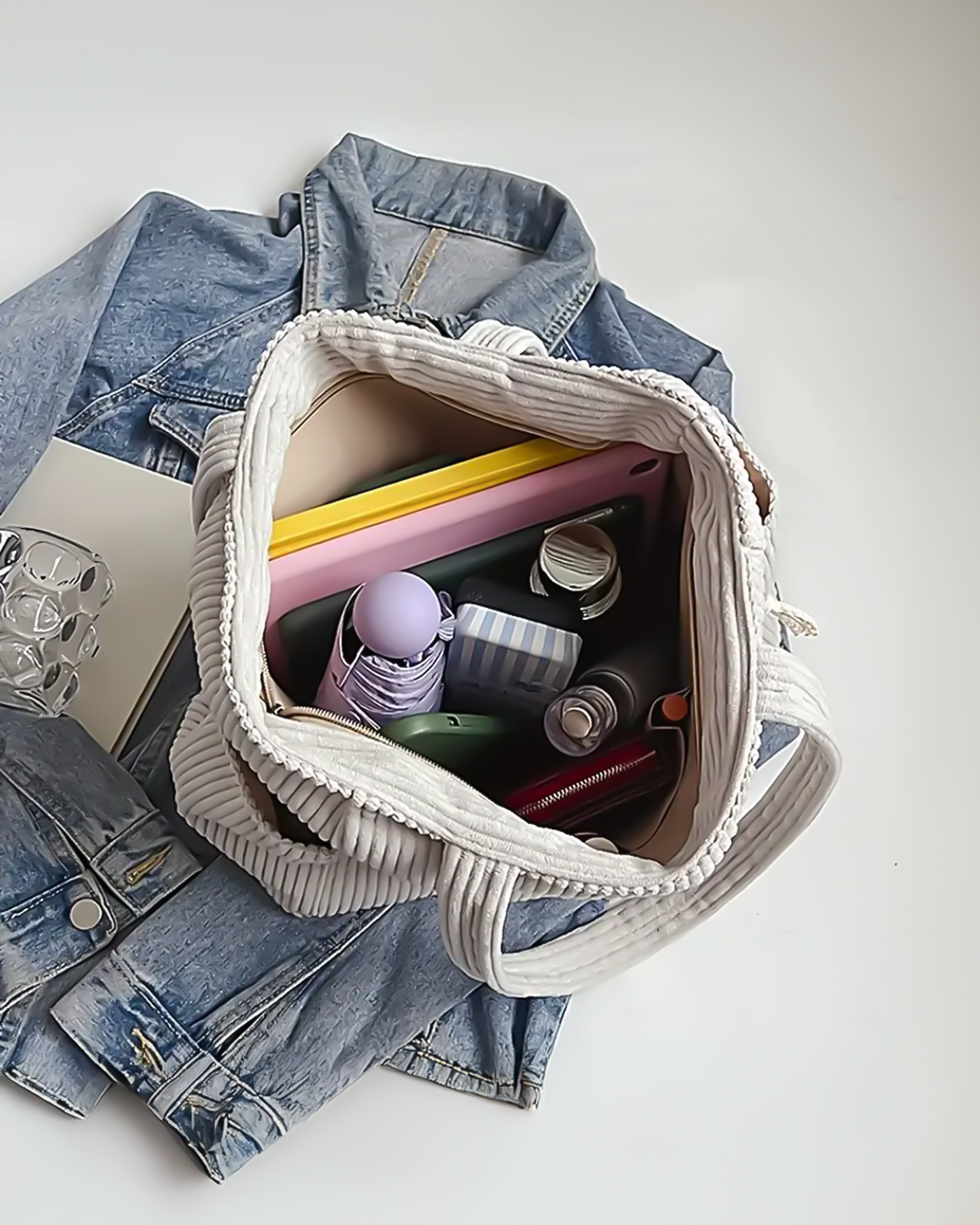 Women’s Ribbed Tote Shoulder Bag with Side Pocket Detail