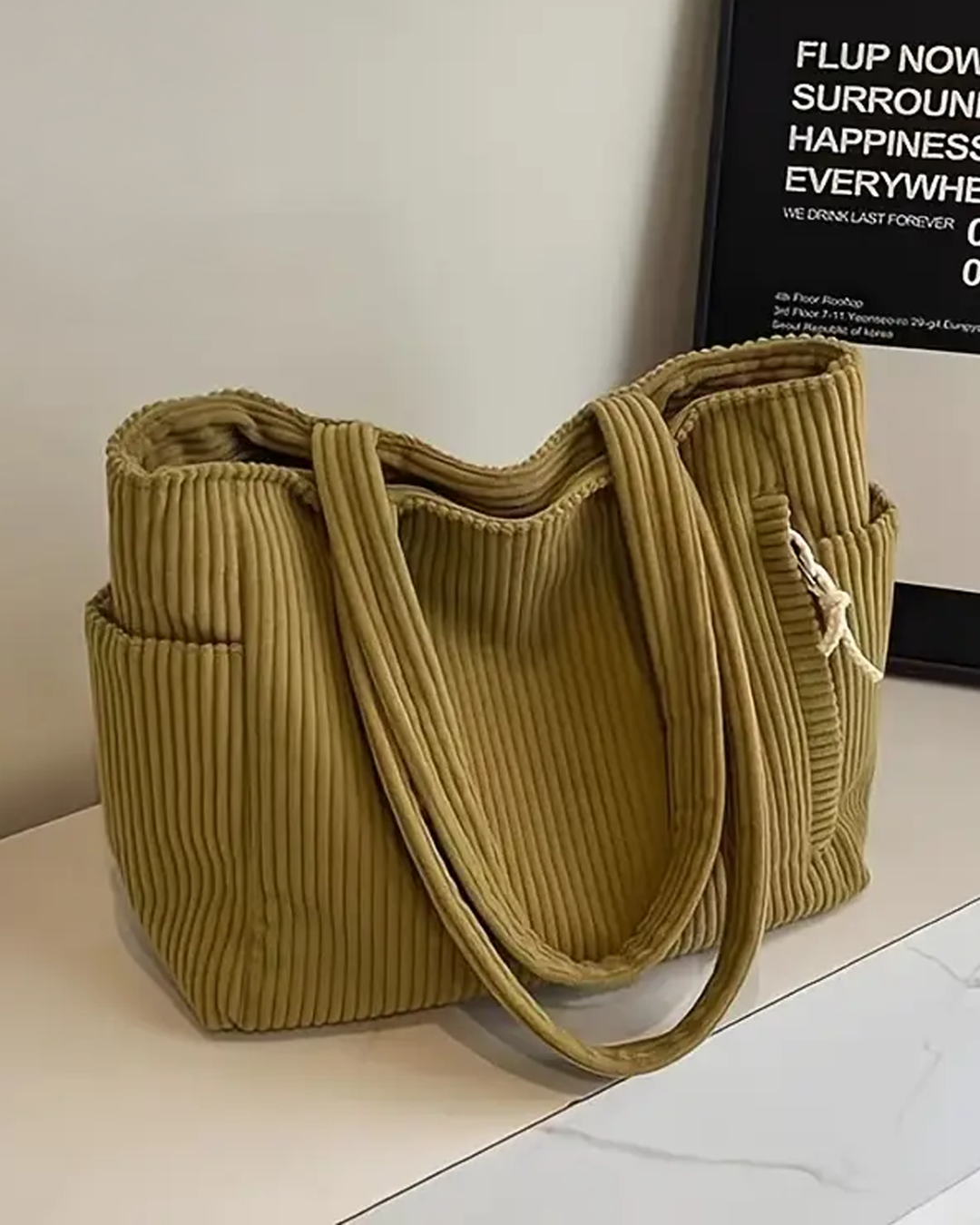 Women’s Ribbed Tote Shoulder Bag with Side Pocket Detail
