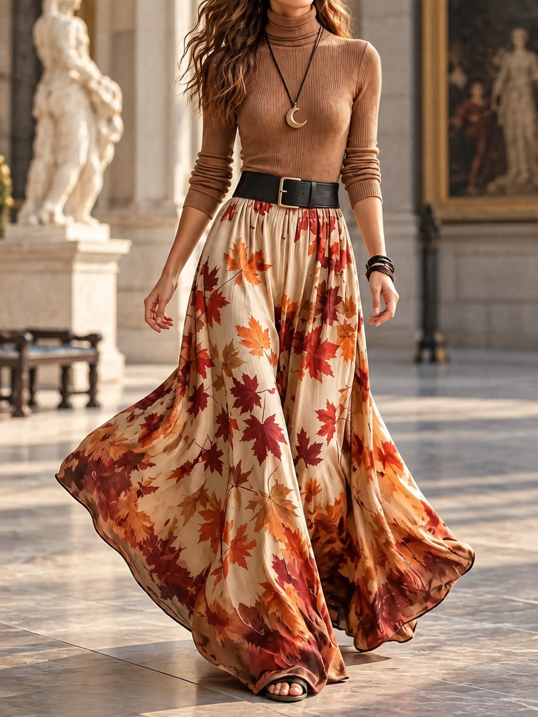 Women's Ribbed Turtleneck Top Leaf-Print Skirt Set