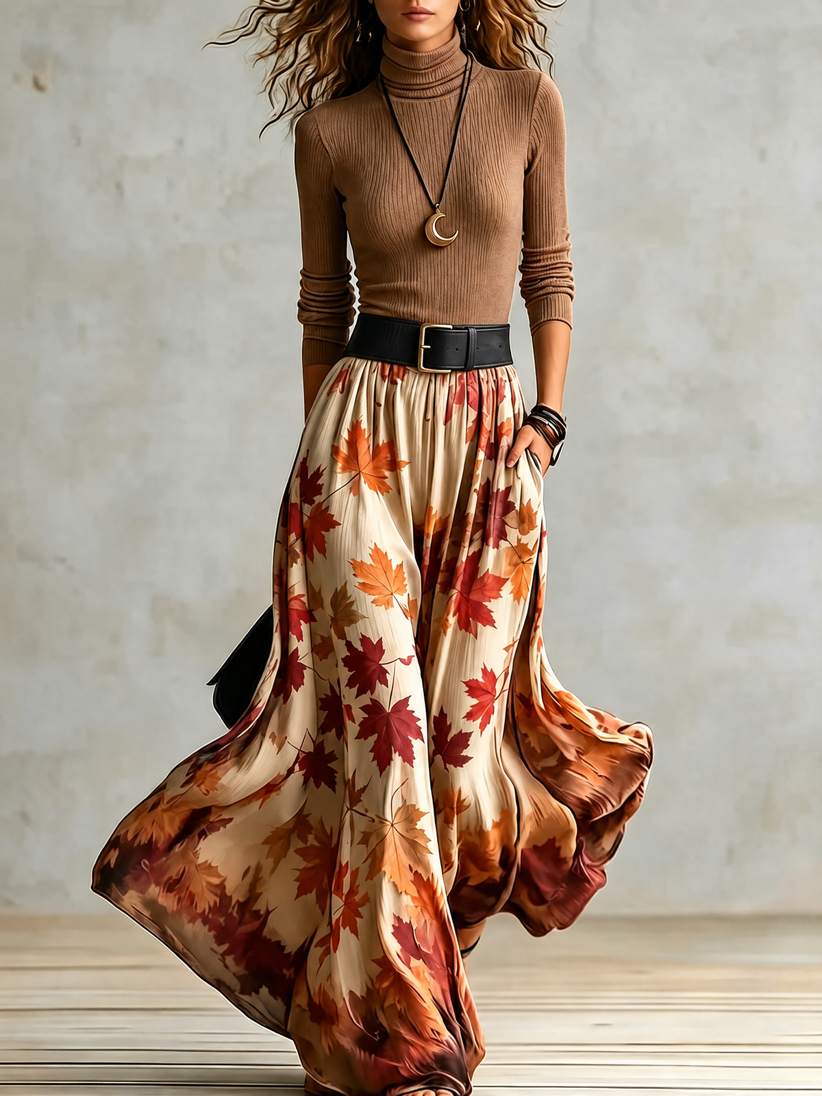 Women's Ribbed Turtleneck Top Leaf-Print Skirt Set