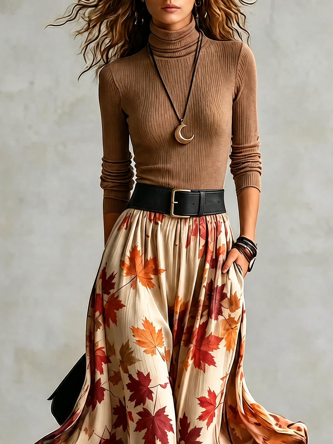Women's Ribbed Turtleneck Top Leaf-Print Skirt Set