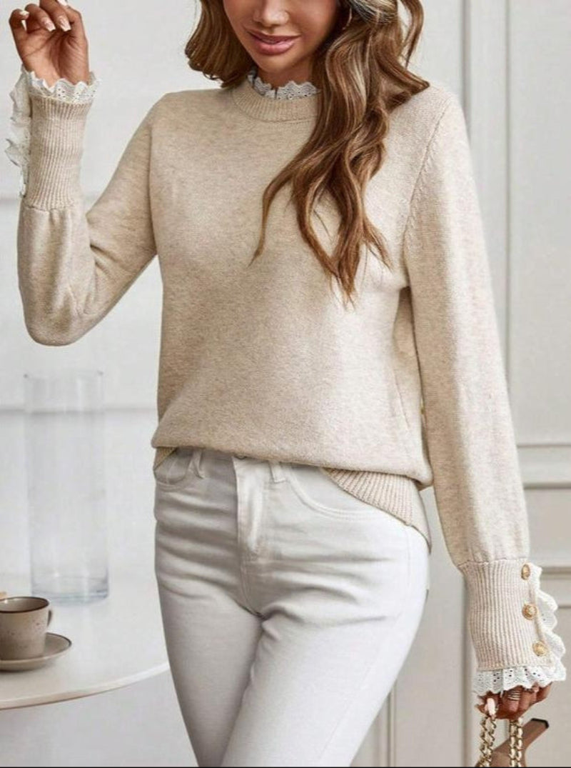 Women's Round-Neck Button-Cuff Lace-Trim Cable Knit Sweater