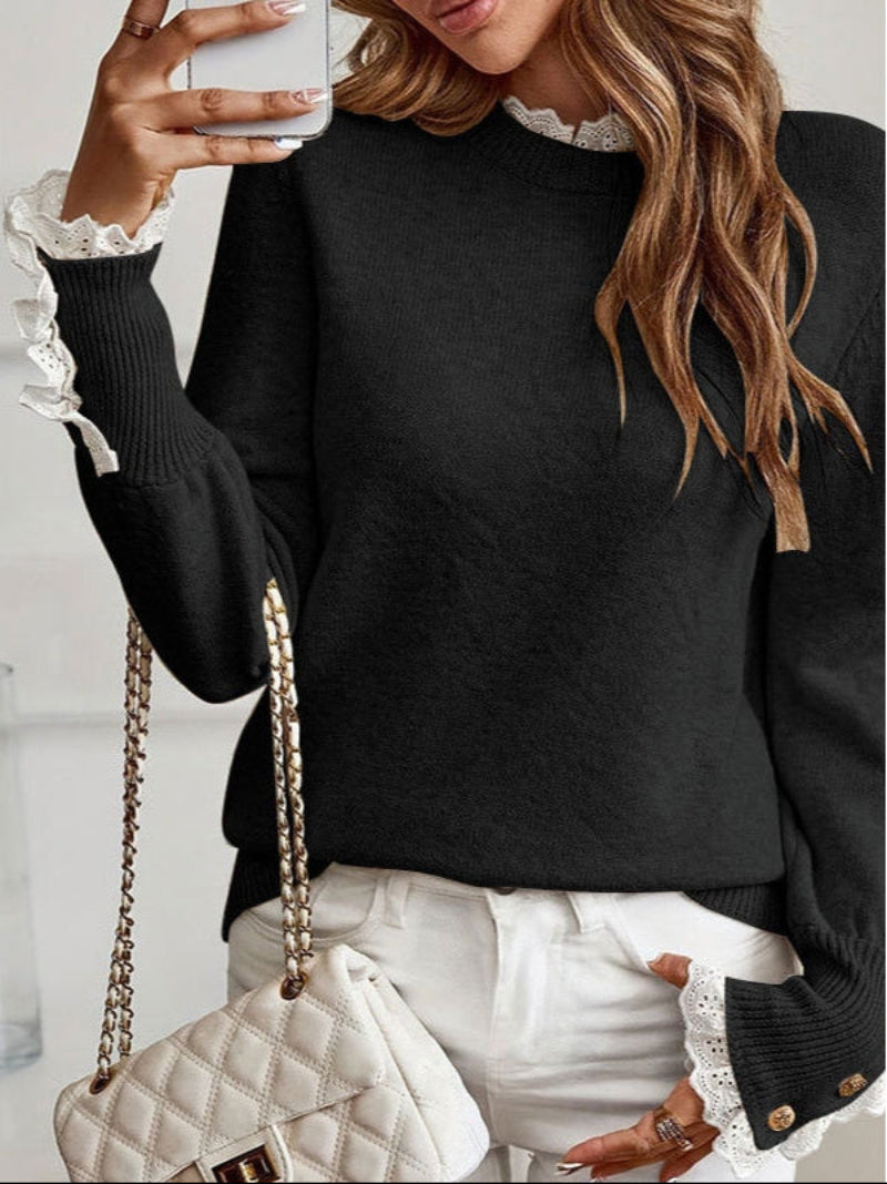 Women's Round-Neck Button-Cuff Lace-Trim Cable Knit Sweater