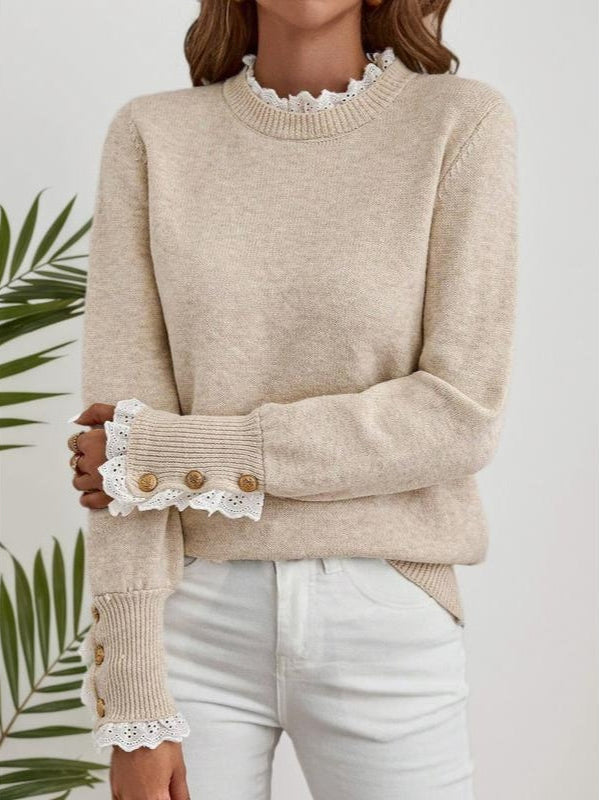 Women's Round-Neck Button-Cuff Lace-Trim Cable Knit Sweater