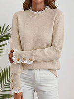 Women's Round-Neck Button-Cuff Lace-Trim Cable Knit Sweater