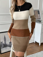 Women's Round-Neck Long-Sleeve Colorblock Ribbed-Trim Sweater Dress