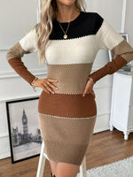 Women's Round-Neck Long-Sleeve Colorblock Ribbed-Trim Sweater Dress