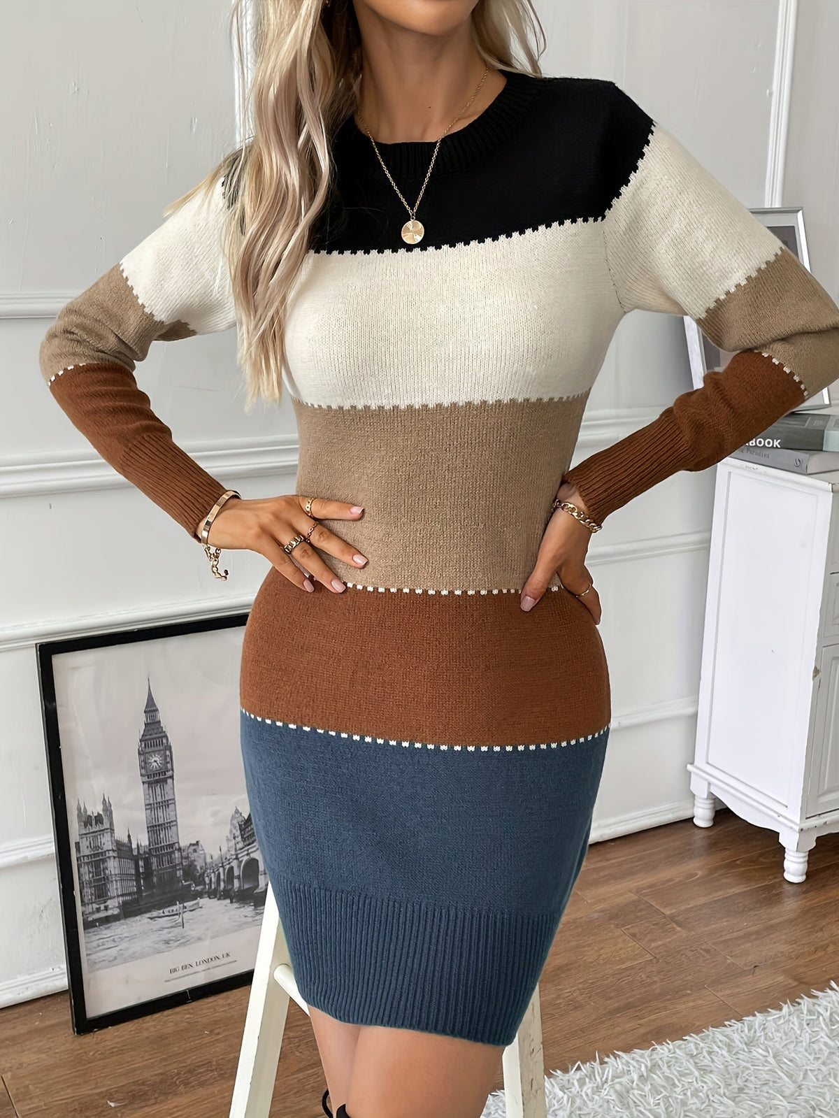 Women's Round-Neck Long-Sleeve Colorblock Ribbed-Trim Sweater Dress
