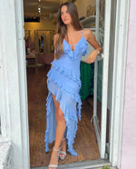 Women's Ruffle High Low Spaghetti Strap Maxi Wedding Guest Dress