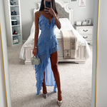 Women's Ruffle High Low Spaghetti Strap Maxi Wedding Guest Dress