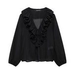 Women’s Ruffle Tie Front Long Sleeve Blouse