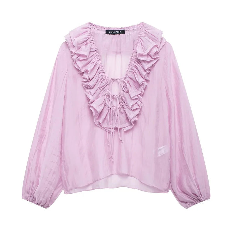 Women’s Ruffle Tie Front Long Sleeve Blouse