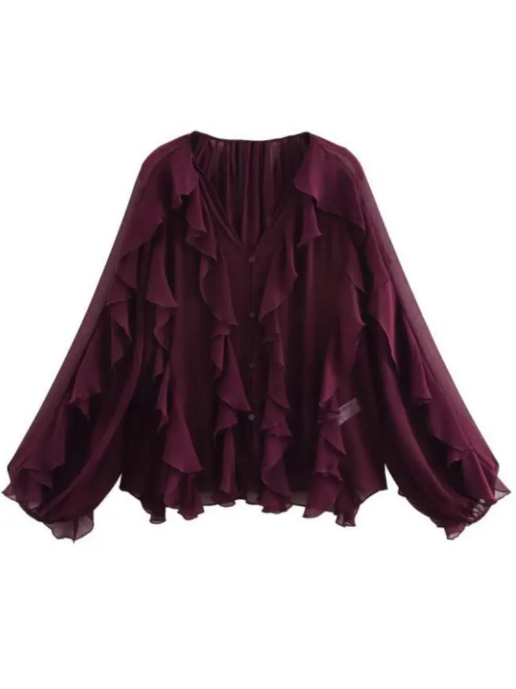 Women’s Ruffle Trim Sheer Button Front Blouse