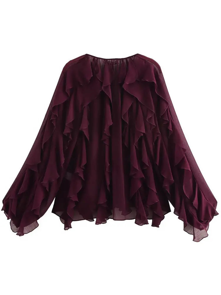 Women’s Ruffle Trim Sheer Button Front Blouse