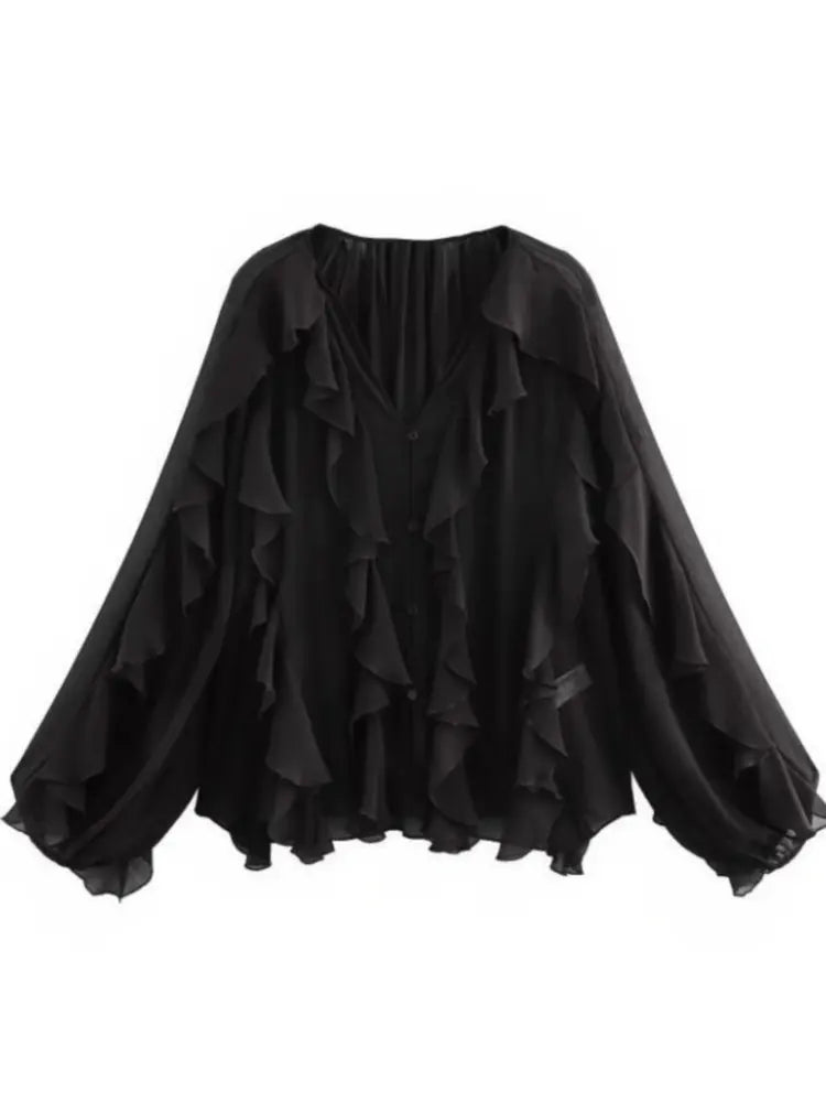 Women’s Ruffle Trim Sheer Button Front Blouse