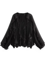 Women’s Ruffle Trim Sheer Button Front Blouse