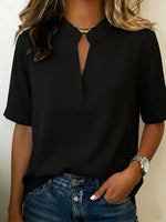 Women's Short Sleeve Split Neck Stand Collar Pullover Front Seam Blouse