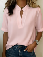 Women's Short Sleeve Split Neck Stand Collar Pullover Front Seam Blouse