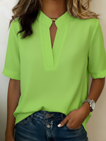 Women's Short Sleeve Split Neck Stand Collar Pullover Front Seam Blouse