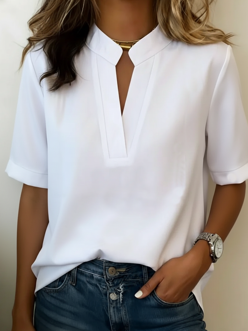 Women's Short Sleeve Split Neck Stand Collar Pullover Front Seam Blouse