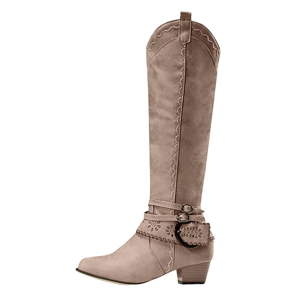 Women's Side-Zip Round-Toe Knee-High Western Buckle-Strap Boots