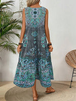 Women's Sleeveless Printed Tiered Midi Dress