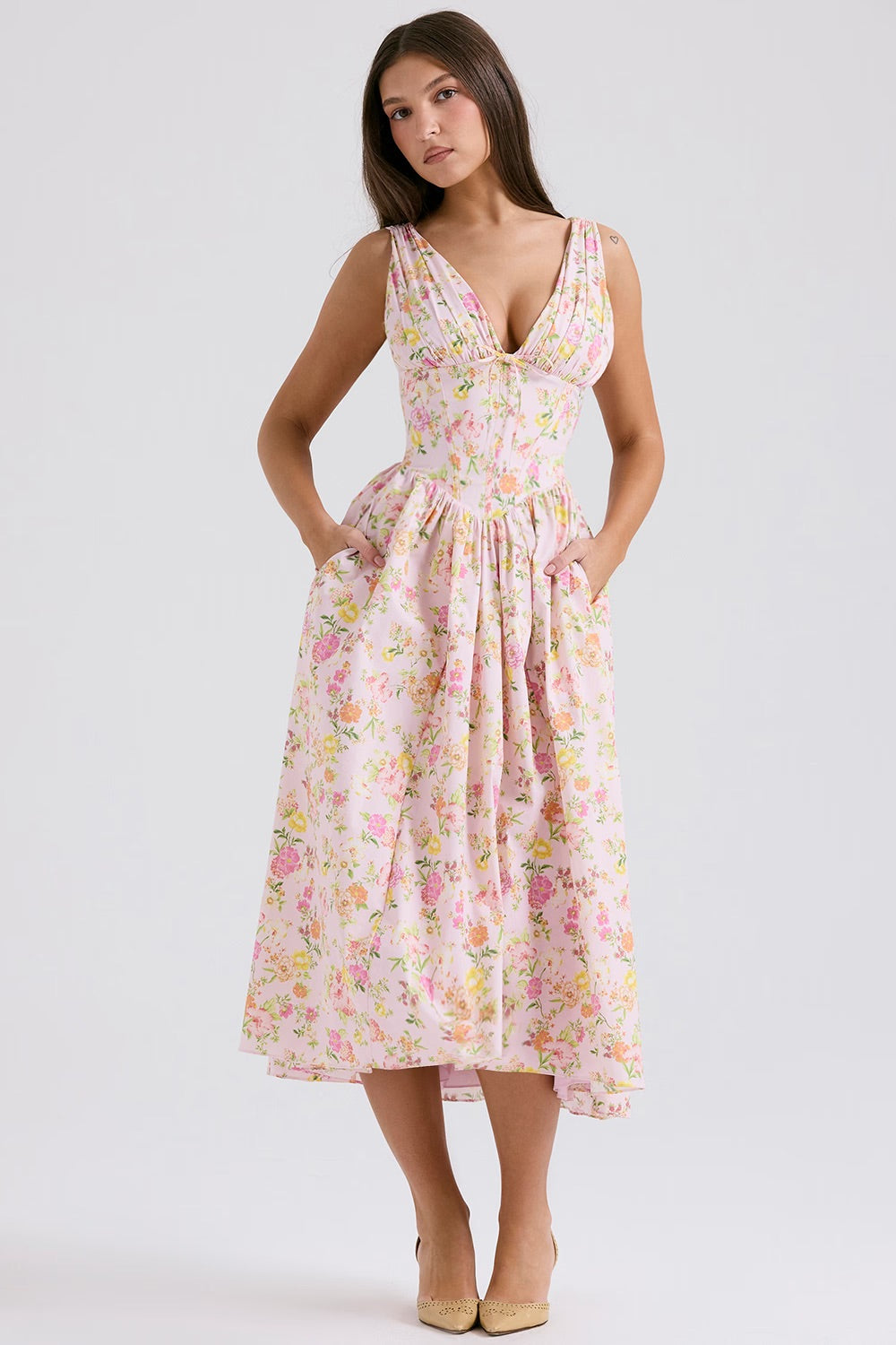 Women's Sleeveless V-Neck Midi Wedding Guest Dress