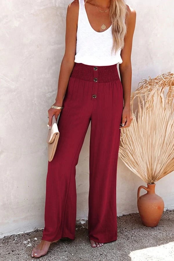 Women’s Smocked Waist Button Front Wide Leg Pants