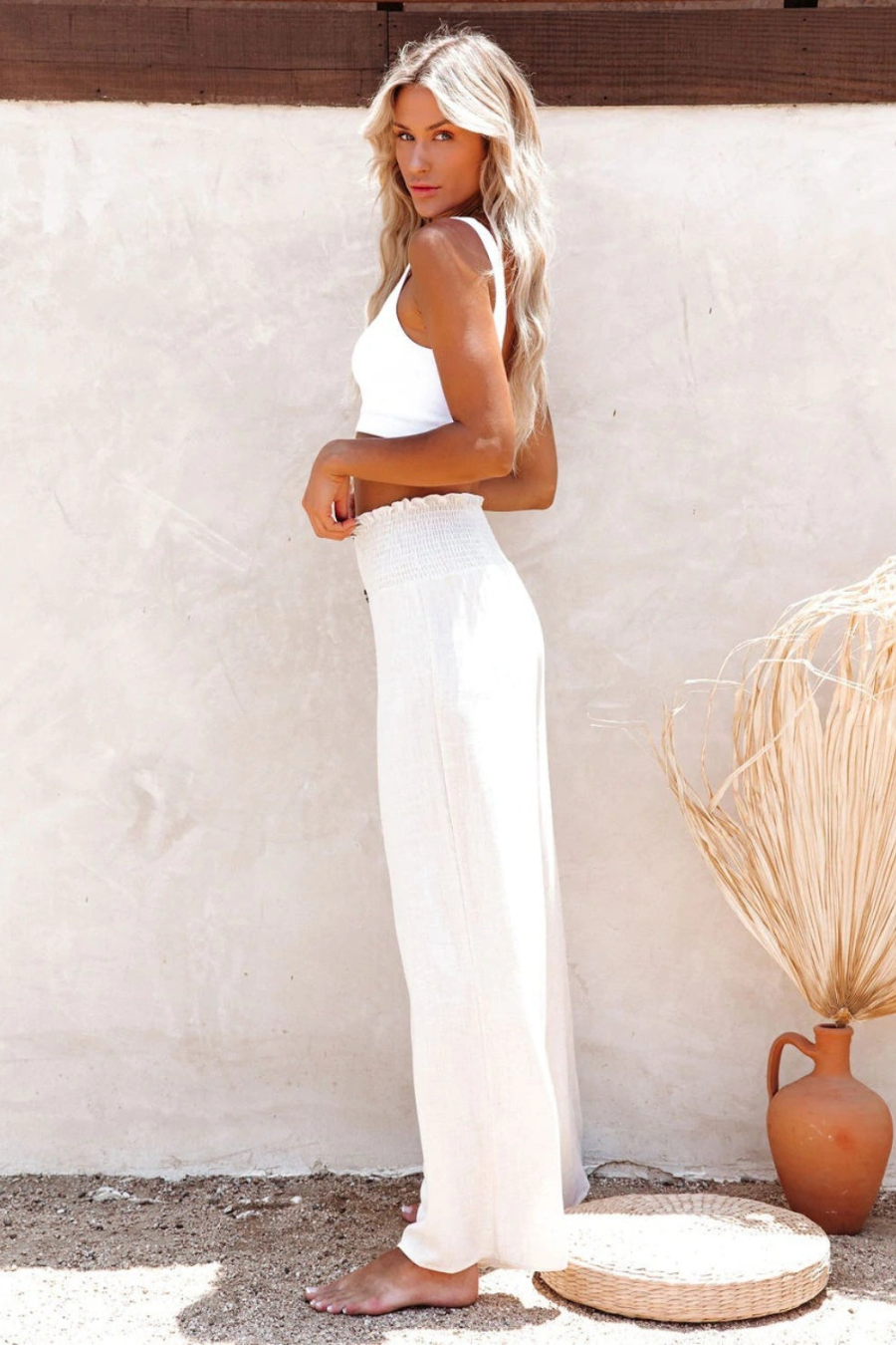 Women’s Smocked Waist Button Front Wide Leg Pants