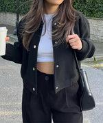 Women’s Snap Button Ribbed Cropped Bomber Jacket