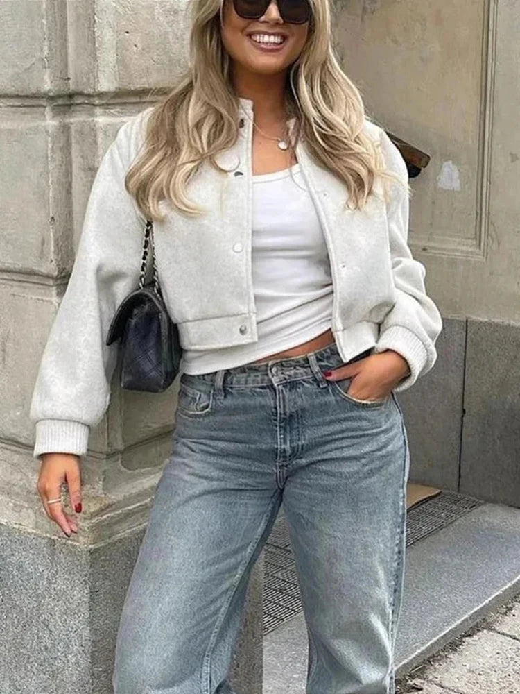 Women’s Snap Button Ribbed Cropped Bomber Jacket