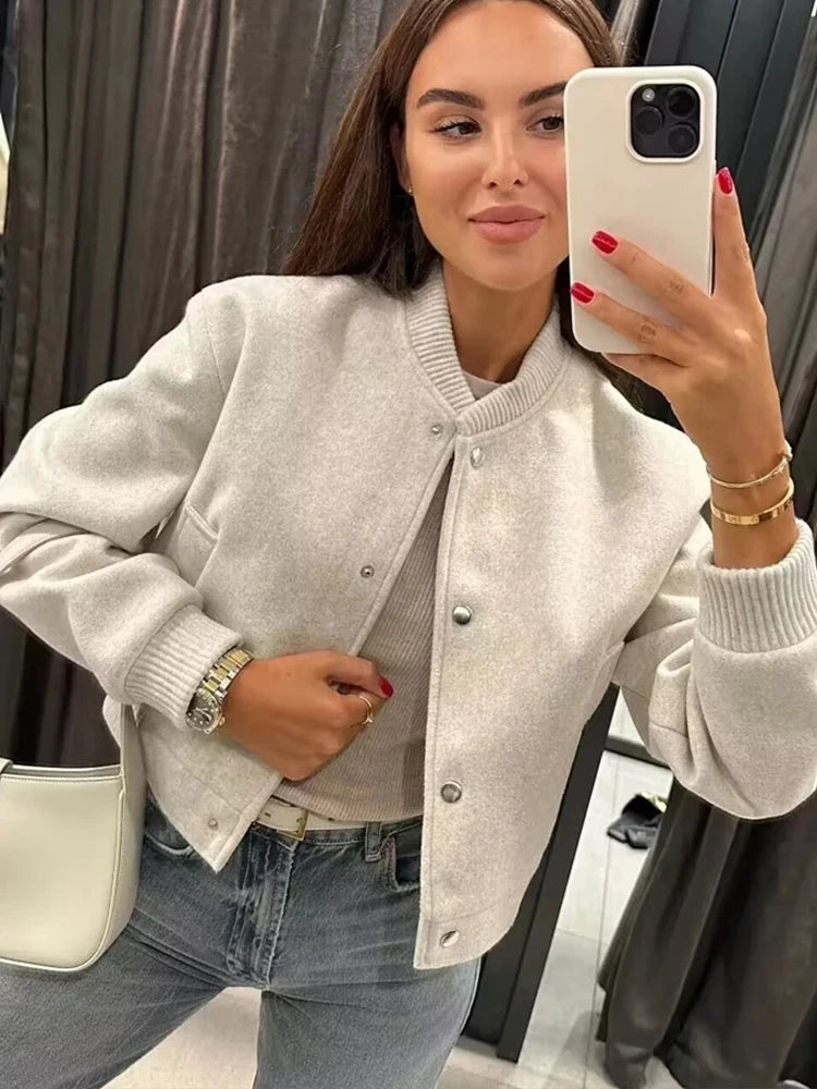 Women’s Snap Button Ribbed Cropped Bomber Jacket