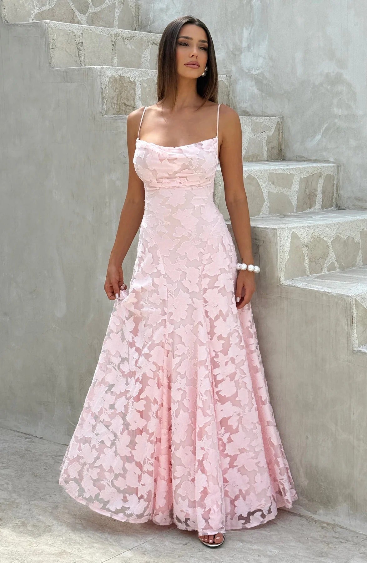 Women’s Spaghetti Strap Cowl Neck Maxi Wedding Guest Dress - Pink / M - Fashion