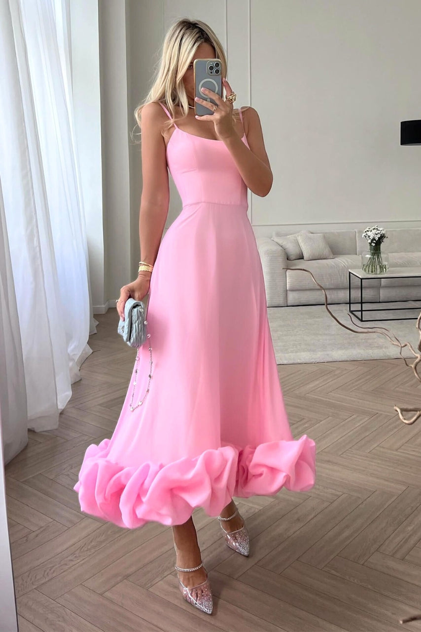 Women’s Spaghetti Strap Ruffle Hem Sleeveless Wedding Guest Dress