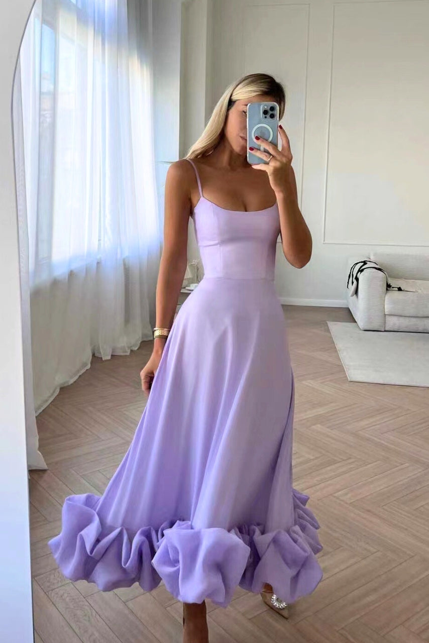 Women’s Spaghetti Strap Ruffle Hem Sleeveless Wedding Guest Dress