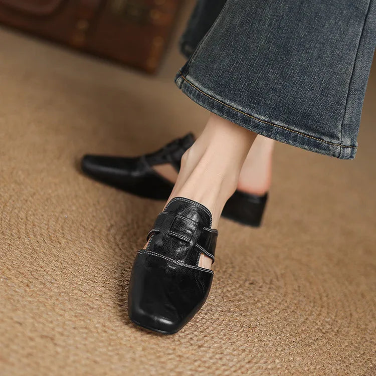 Women's Square Toe Block Heel Mule Shoes