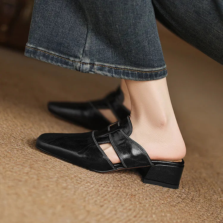 Women's Square Toe Block Heel Mule Shoes