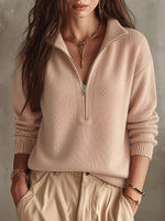 Women's Stand Collar Half-Zip Ribbed Trim Sweater