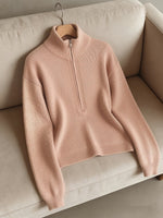 Women's Stand Collar Half-Zip Ribbed Trim Sweater