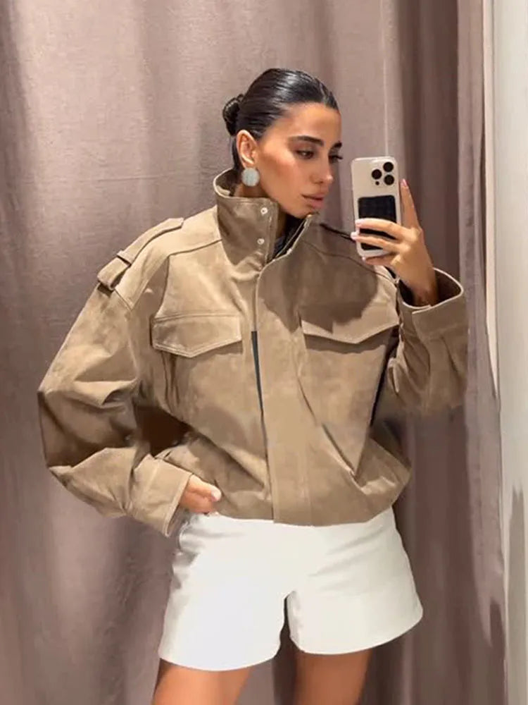 Women’s Stand Collar Pocket Zip Front Jacket