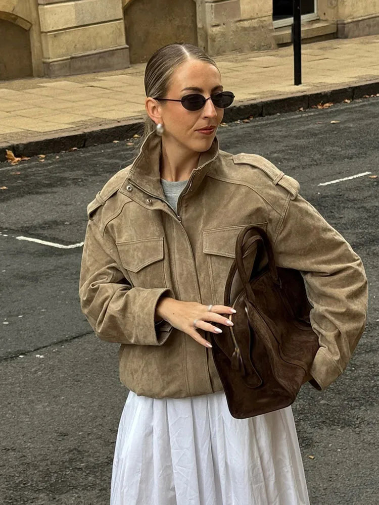 Women’s Stand Collar Pocket Zip Front Jacket