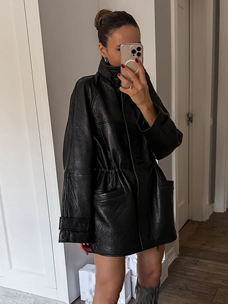 Women’s Stand Collar Zip Front Drawstring Leather Look Jacket