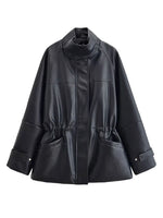 Women’s Stand Collar Zip Front Drawstring Leather Look Jacket
