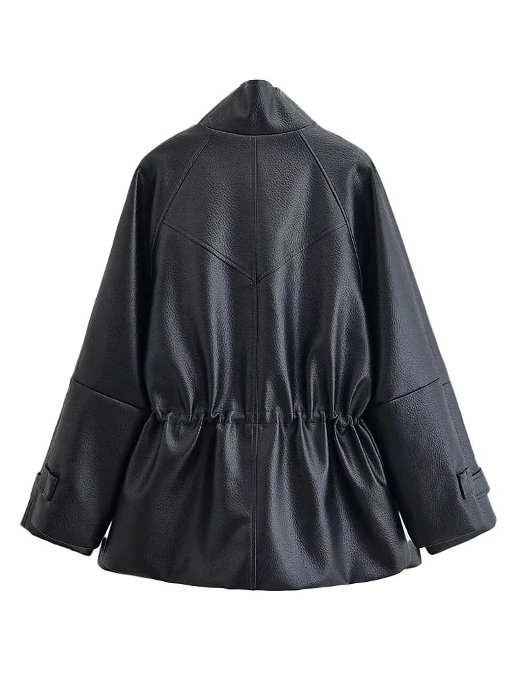 Women’s Stand Collar Zip Front Drawstring Leather Look Jacket