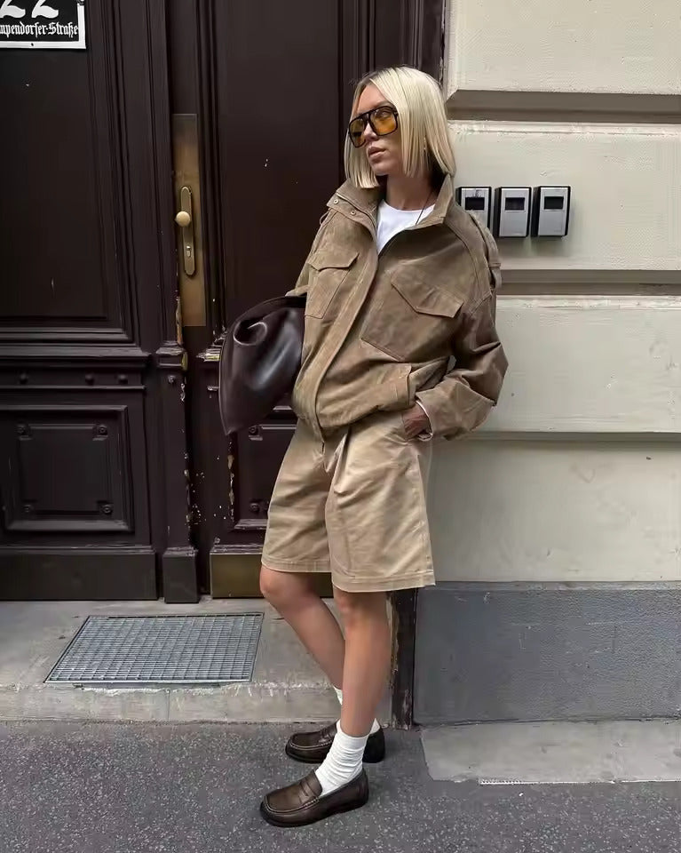 Women’s Stand Collar Zip Front Pocket Jacket