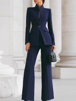 Women's Standing Collar Single-Button Blazer and Wide-Leg Trousers Suit Set