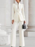 Women's Standing Collar Single-Button Blazer and Wide-Leg Trousers Suit Set