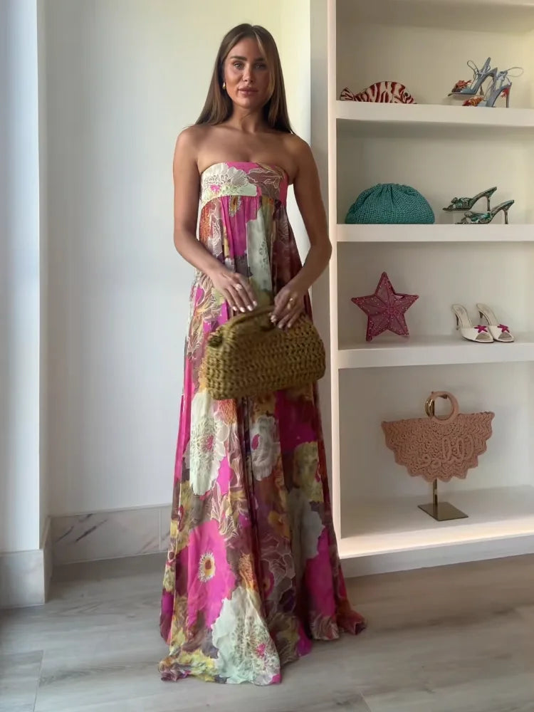 Women’s Strapless Floral Maxi Wedding Guest Dress