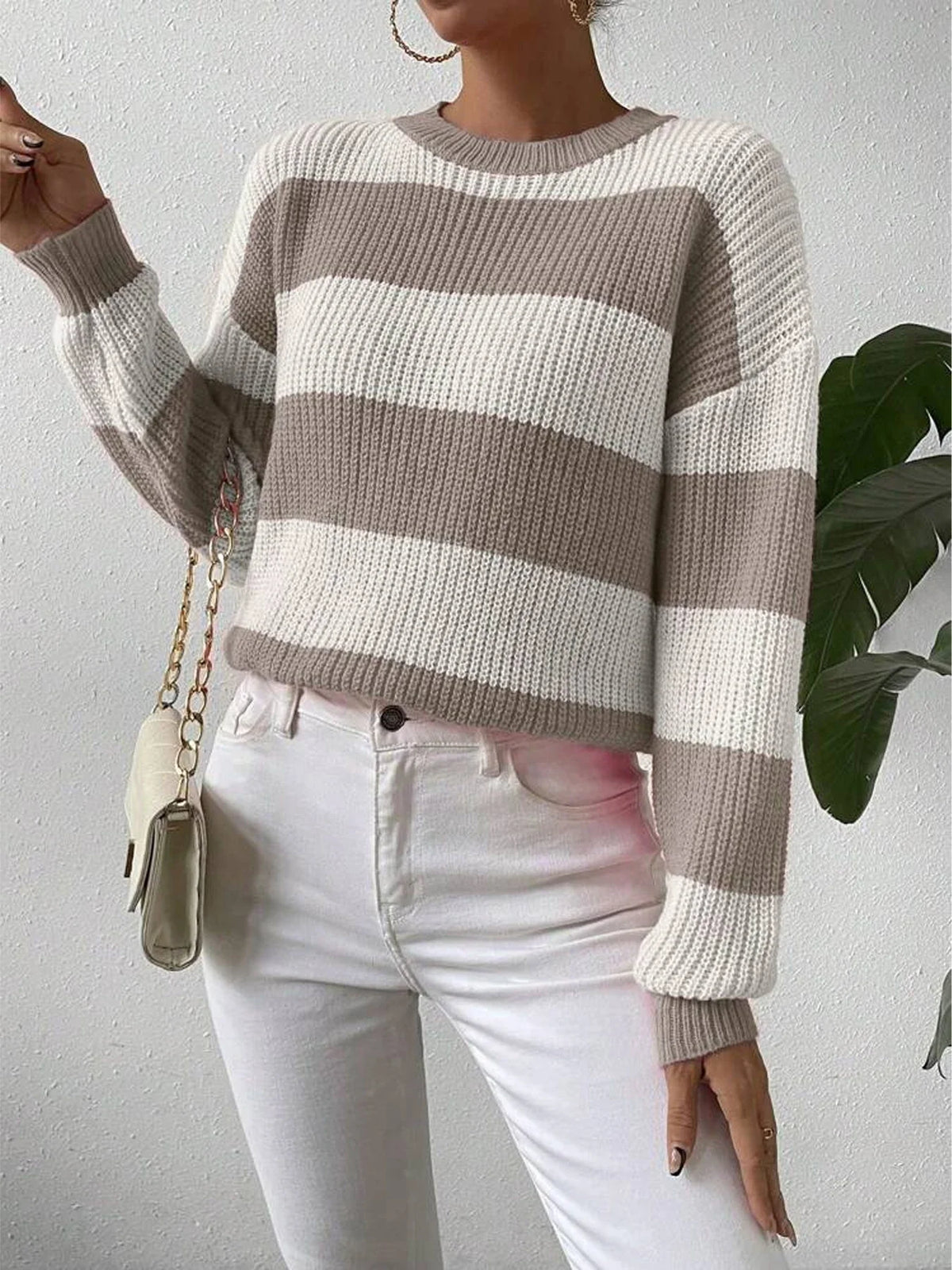 Women’s Stripe Crew Neck Long Sleeve Knit Sweater Pullover